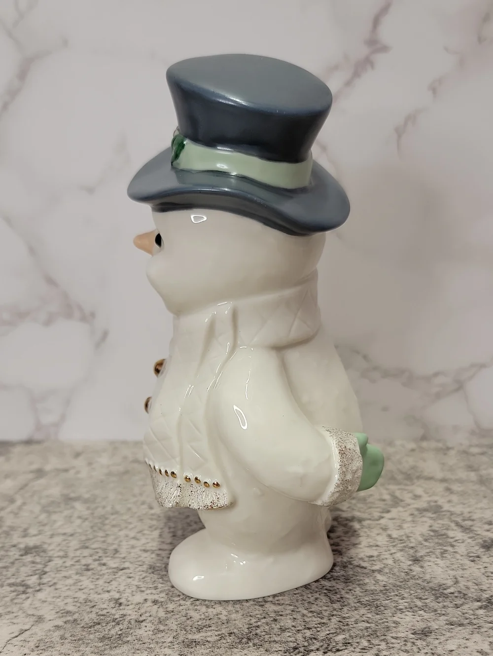 Lenox Frosty Snowman Figurine With Blue / Gray Hat Gold Trim Holding Present